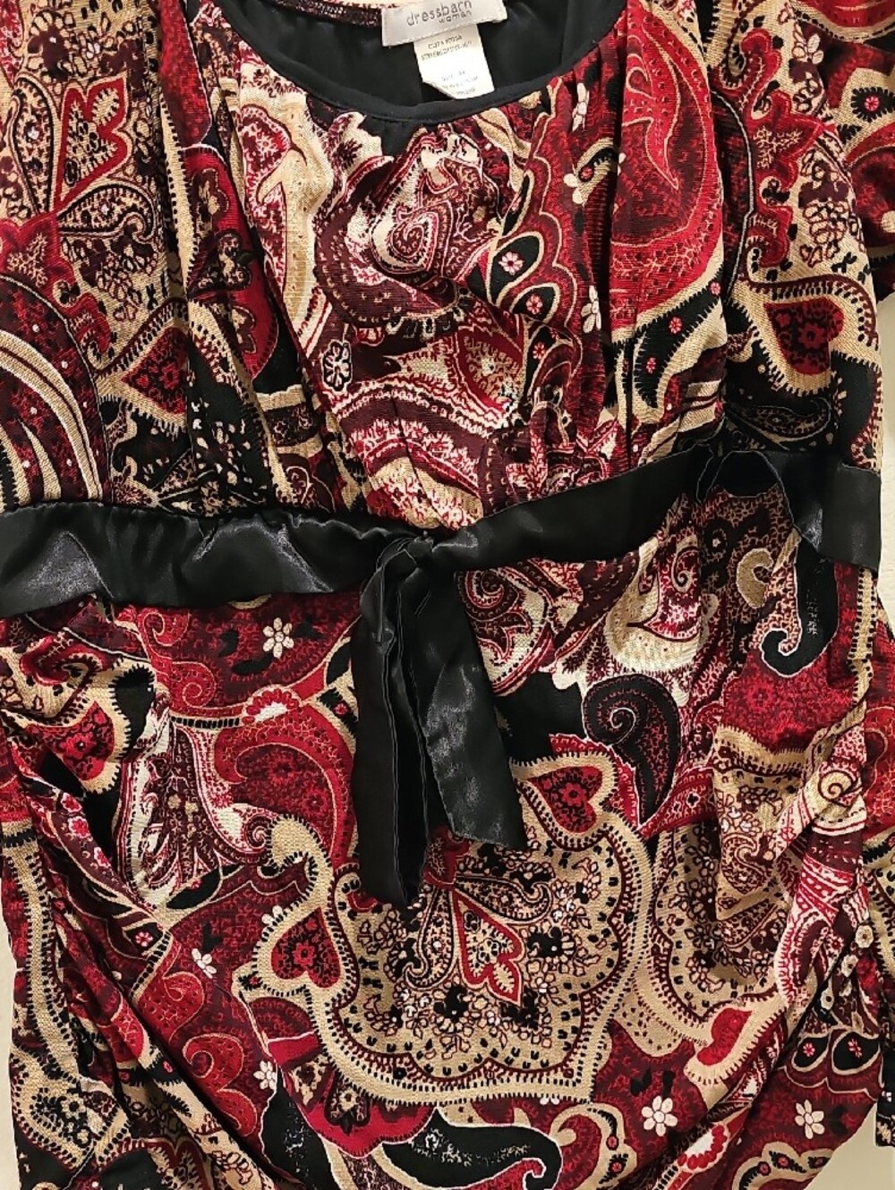 Dress Barn Burgundy Cream Paisley Scoop-Neck Tunic with Black Sash - Picture 2 of 3